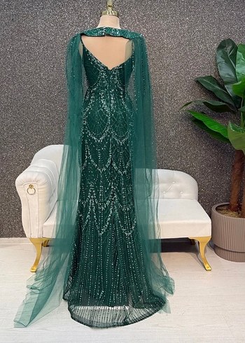 Yeşil İşlemeli Uzun Abiye Elbise - Görsel 4