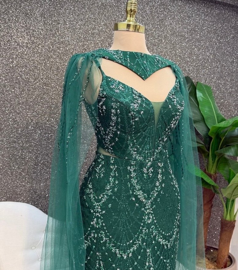 Yeşil İşlemeli Uzun Abiye Elbise - Görsel 3