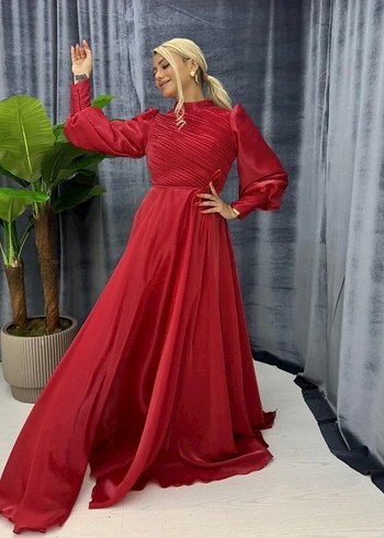 Drapeli Kırmızı Uzun Abiye Elbise - Görsel 3