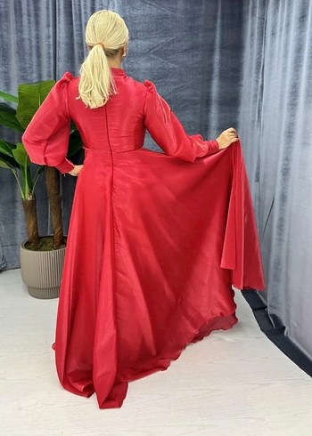 Drapeli Kırmızı Uzun Abiye Elbise - Görsel 5