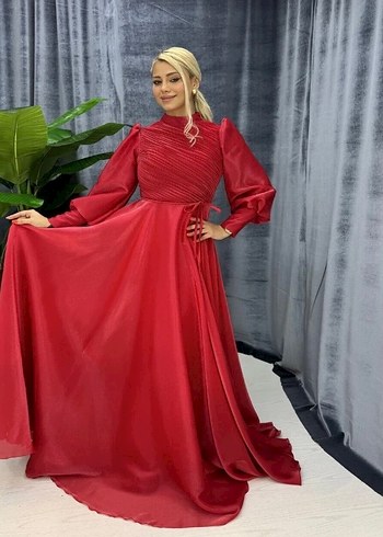 Drapeli Kırmızı Uzun Abiye Elbise - Görsel 2