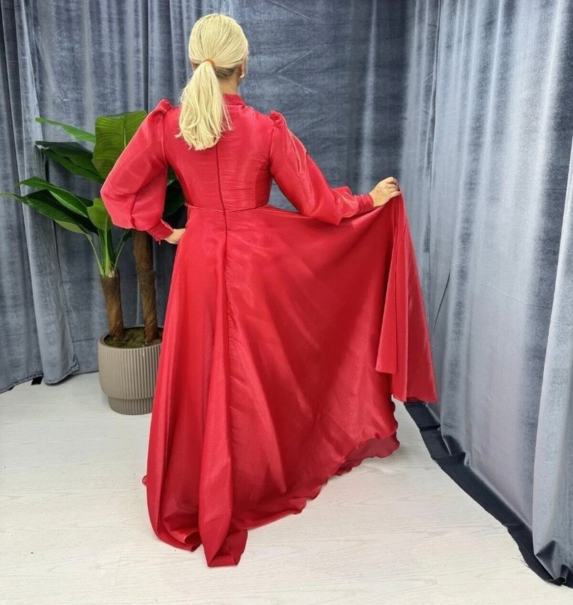 Drapeli Kırmızı Uzun Abiye Elbise - Görsel 5