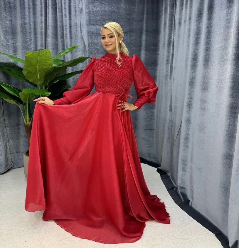 Drapeli Kırmızı Uzun Abiye Elbise - Görsel 2