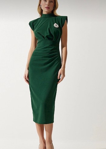 Yeşil Drapeli Yüksek Yakalı Uzun Kalem Elbise - Görsel 2