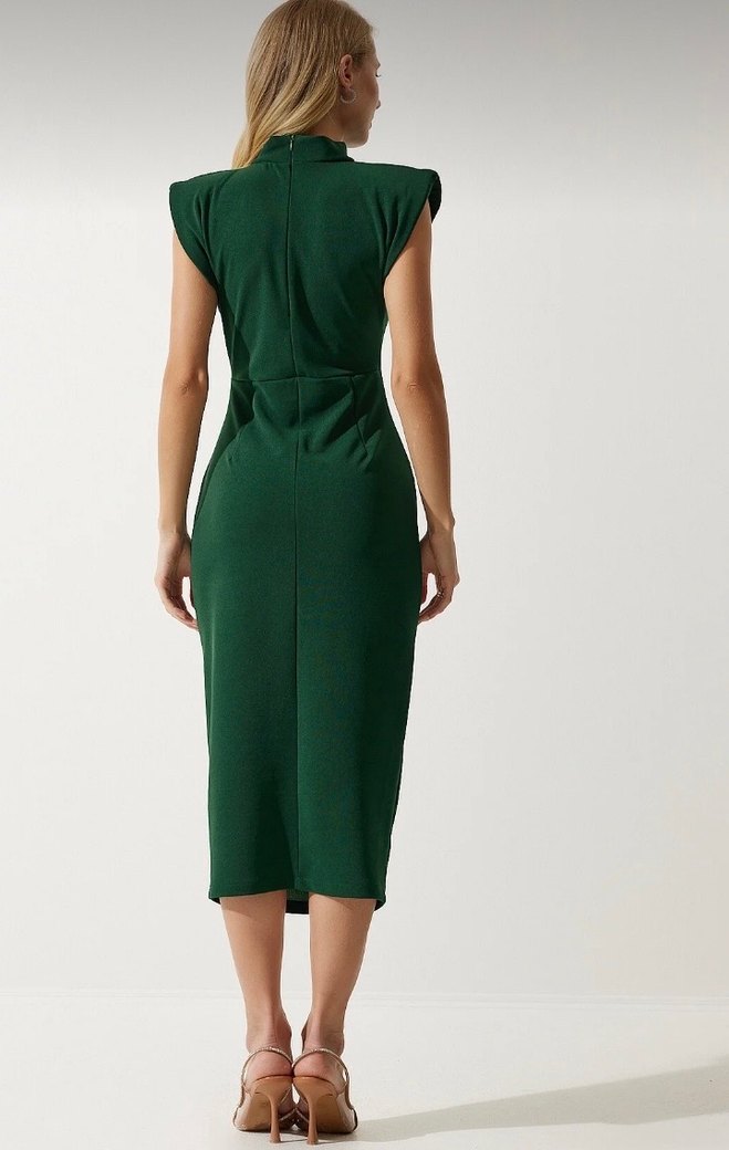Yeşil Drapeli Yüksek Yakalı Uzun Kalem Elbise - Görsel 5