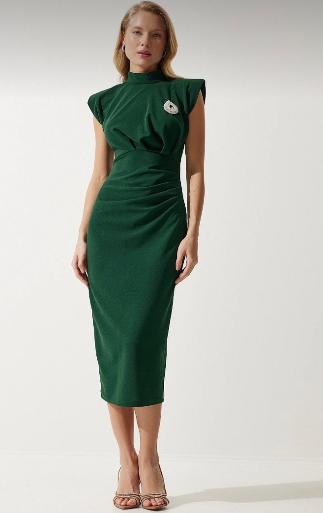 Yeşil Drapeli Yüksek Yakalı Uzun Kalem Elbise - Görsel 2