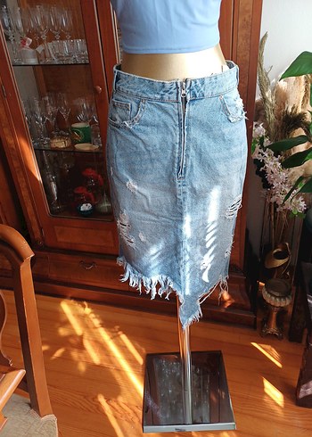 Kadın Mavi Yırtık Denim Mini Etek