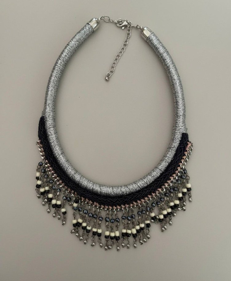 Gri Nakışlı Boncuklu Bohem Midi Kolye - Görsel 2