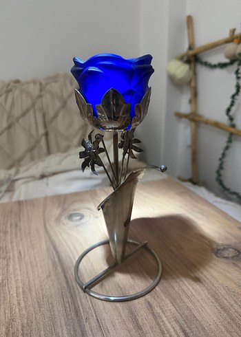 Koyu Mavi Gül Şeklinde Metal Mumluk - Görsel 4