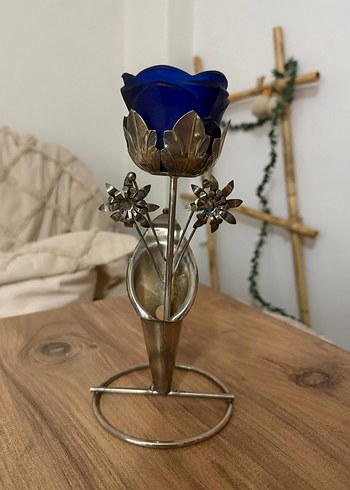 Koyu Mavi Gül Şeklinde Metal Mumluk - Görsel 3