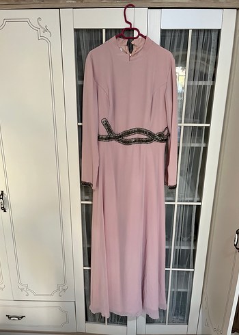 Uzun Pudra Renkli Drapeli Kadın Abiye Elbise - Görsel 3