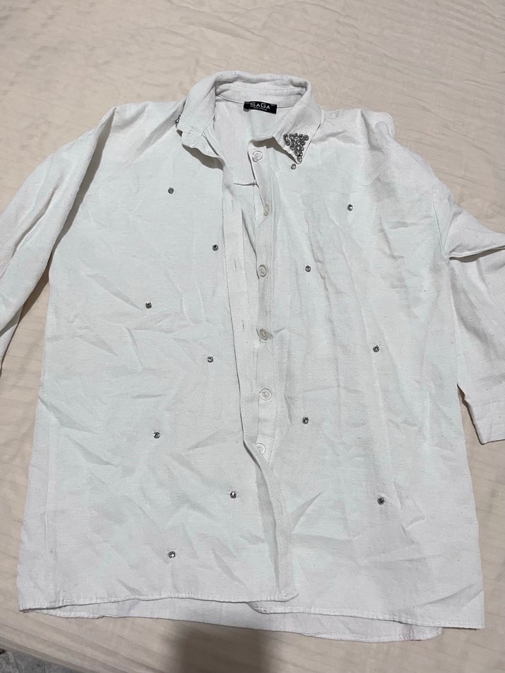 taş yakalı Beyaz Keten Kadın Gömlek - Görsel 2