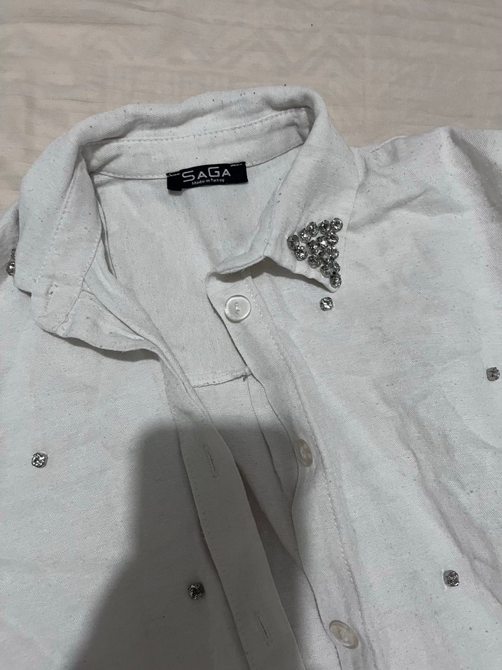 taş yakalı Beyaz Keten Kadın Gömlek - Görsel 4