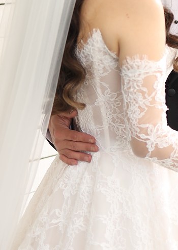 Uzun Kollu Straplez A kesim Fransız  Gelinlik - Görsel 7