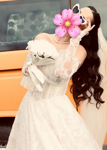 Uzun Kollu Straplez A kesim Fransız  Gelinlik - Görsel 5