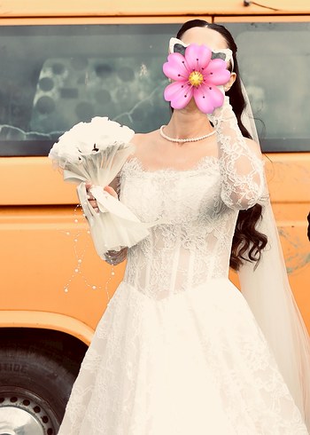 Uzun Kollu Straplez A kesim Fransız  Gelinlik - Görsel 6