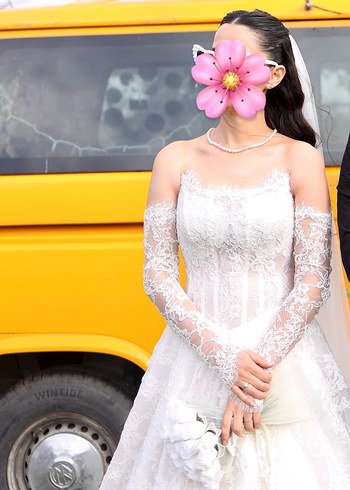 Uzun Kollu Straplez A kesim Fransız  Gelinlik - Görsel 4