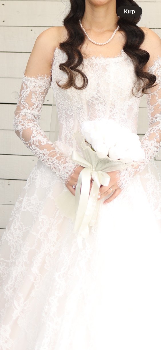 Uzun Kollu Straplez A kesim Fransız  Gelinlik - Görsel 3