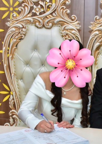 Beyaz Straplez Uzun Kollu Drape Detaylı Nikah elbisesi - Görsel 2