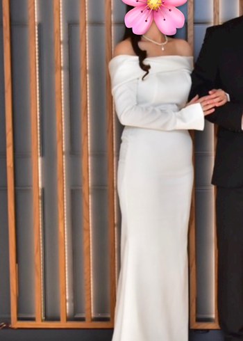 Beyaz Straplez Uzun Kollu Drape Detaylı Nikah elbisesi - Görsel 4