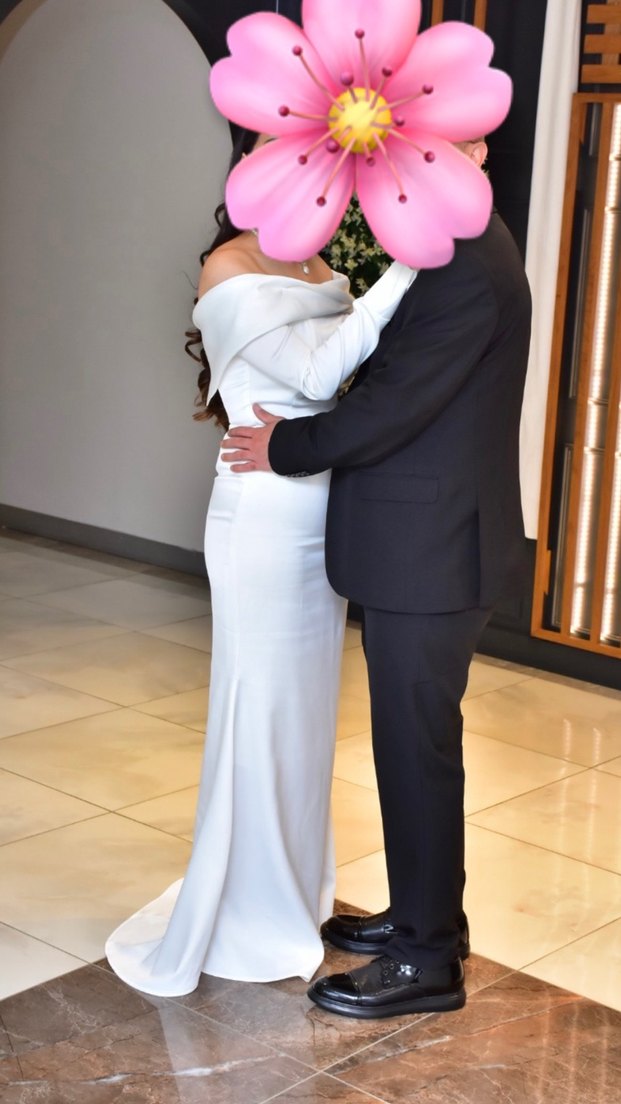 Beyaz Straplez Uzun Kollu Drape Detaylı Nikah elbisesi - Görsel 5