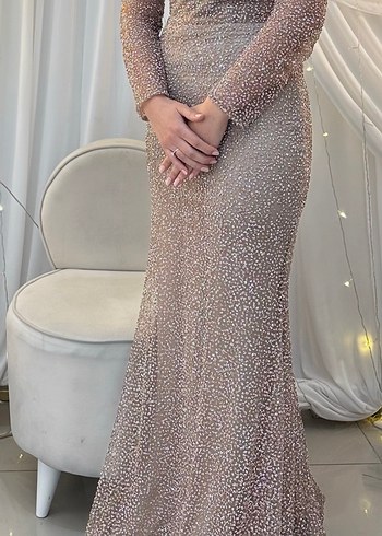 Bej Uzun Kollu Abiye Elbise - Görsel 5