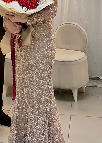 Bej Uzun Kollu Abiye Elbise - Görsel 3