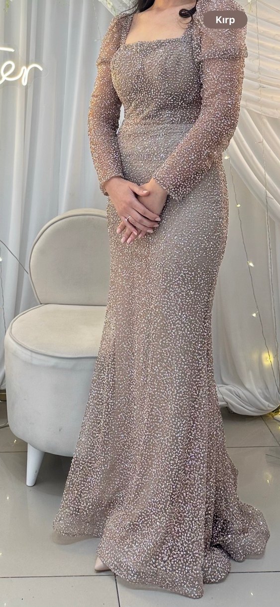 Bej Uzun Kollu Abiye Elbise - Görsel 5