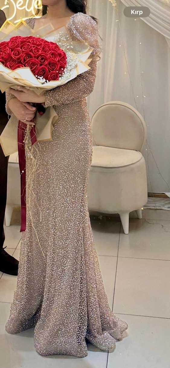 Bej Uzun Kollu Abiye Elbise - Görsel 3