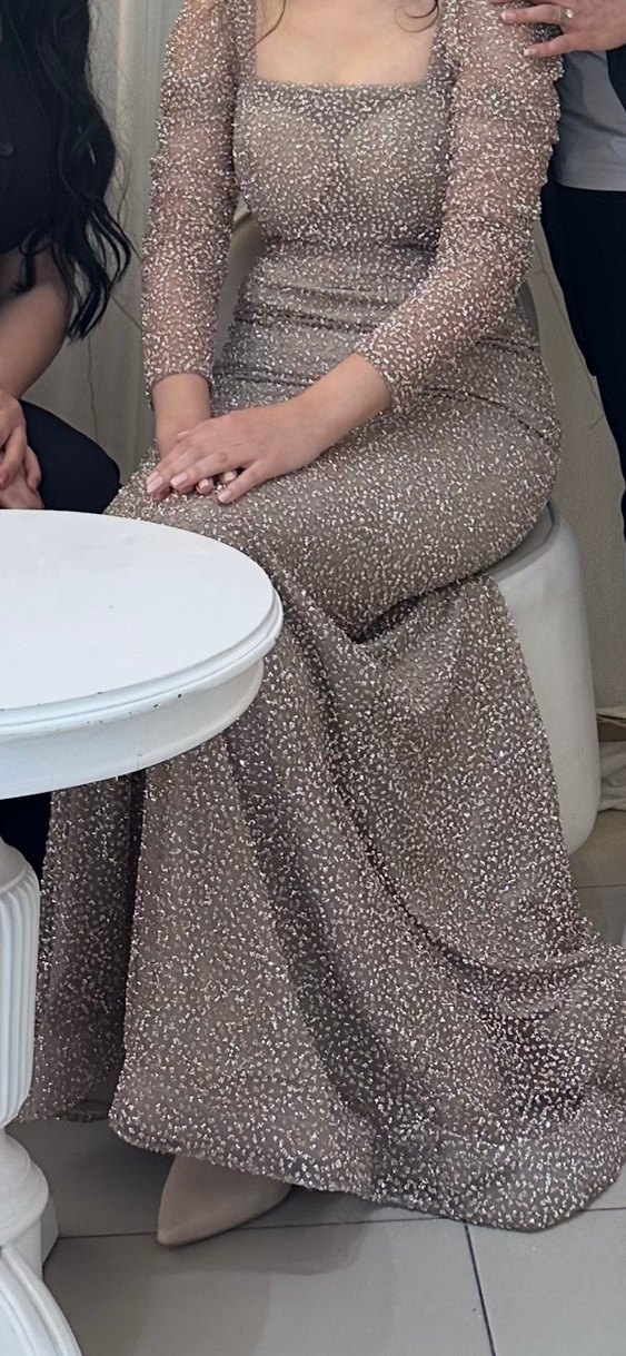 Bej Uzun Kollu Abiye Elbise - Görsel 2