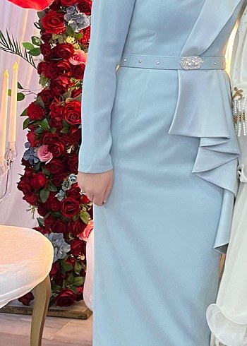 Mavi Uzun Kollu Drapeli Abiye Elbise - Görsel 2