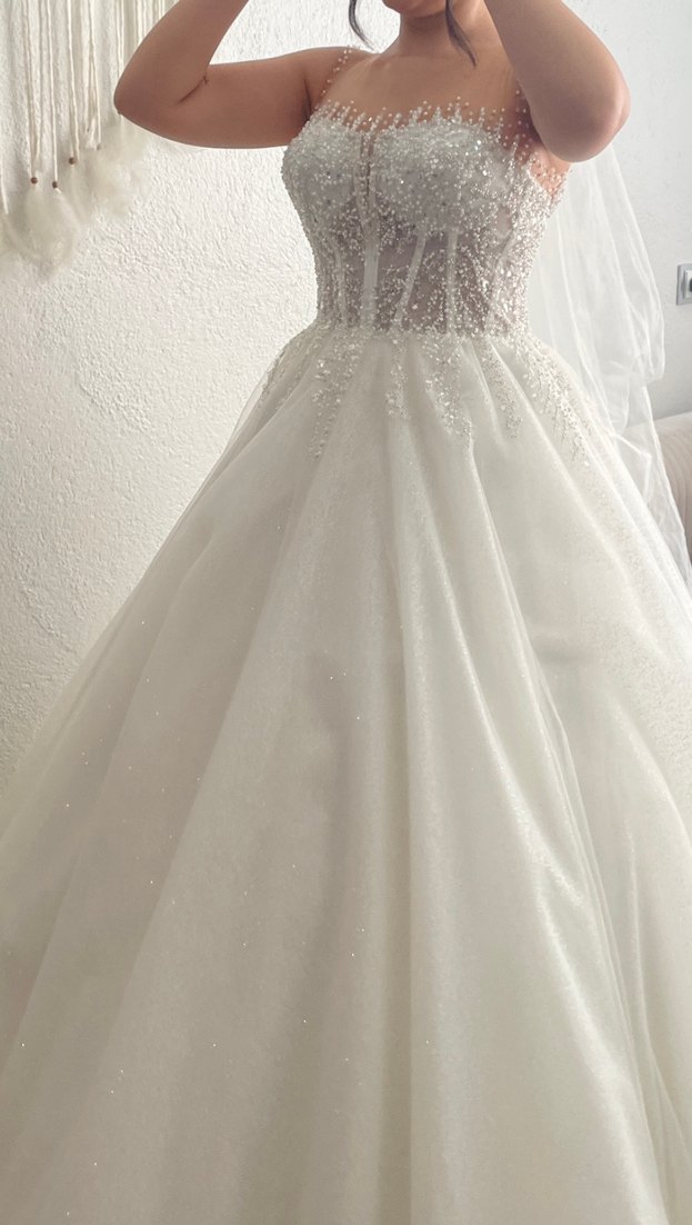 Straplez Uzun A Kesim Beyaz Gelinlik - Görsel 3