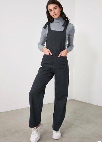 Trendyol Gri Antrasit Triko Cepli Tulum Salopet - Görsel 4