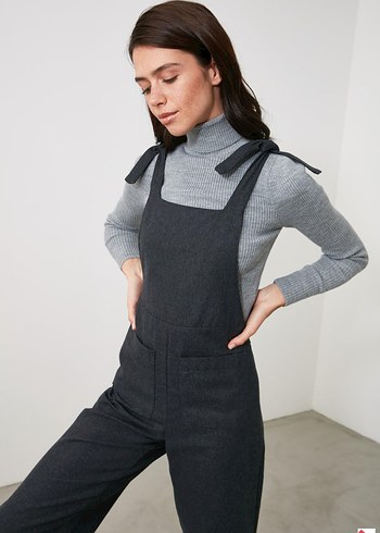 Trendyol Gri Antrasit Triko Cepli Tulum Salopet - Görsel 5