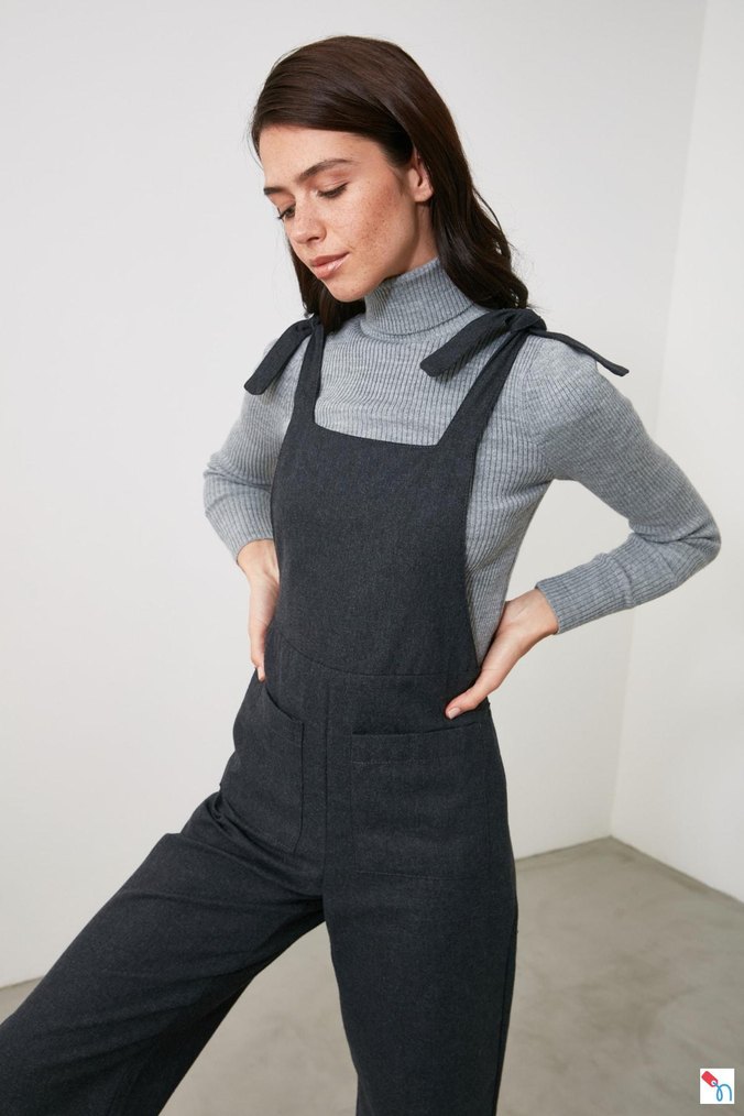 Trendyol Gri Antrasit Triko Cepli Tulum Salopet - Görsel 5