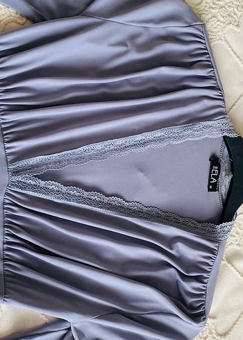 Gri Uzun Kollu V Yakalı Kadın Elbise - Görsel 2