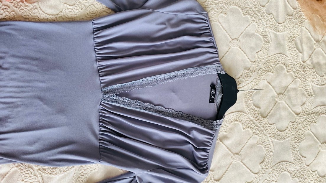 Gri Uzun Kollu V Yakalı Kadın Elbise - Görsel 2