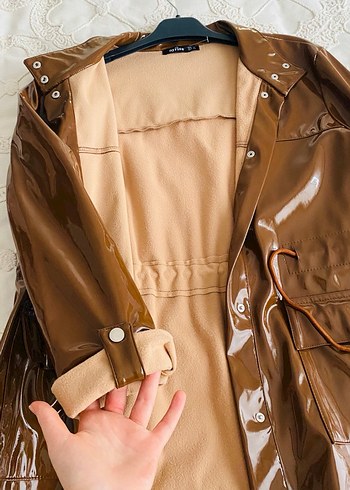 Düğmeli Parlak Kahverengi Deri Ceket - Görsel 3