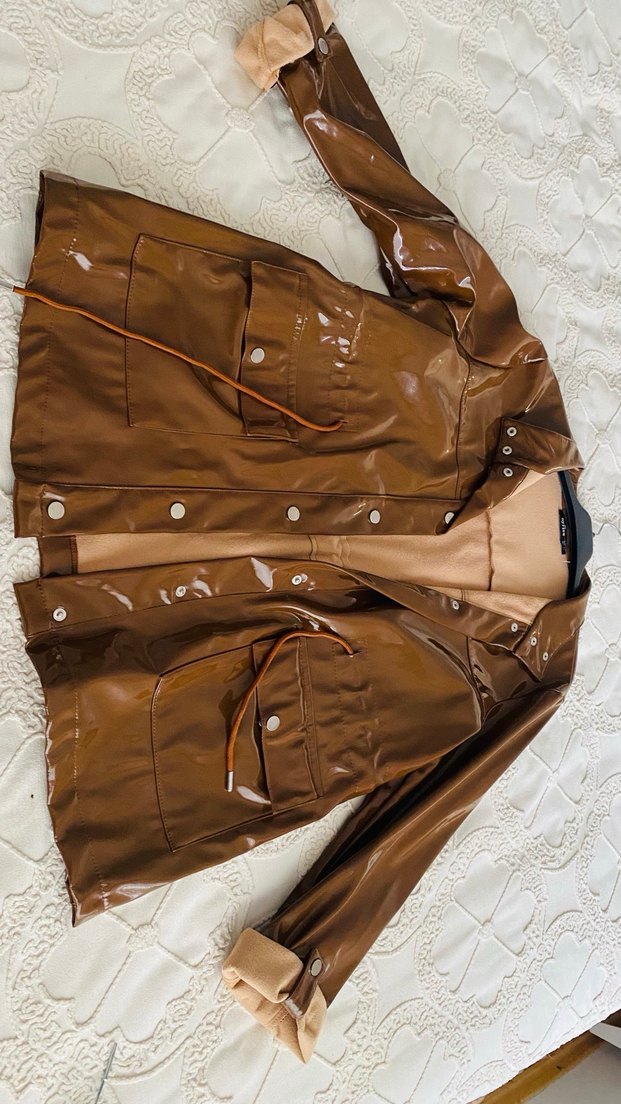 Düğmeli Parlak Kahverengi Deri Ceket - Görsel 2