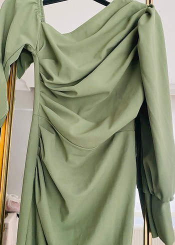 Kadın Haki Uzun Drapeli Abiye Elbise - Görsel 2