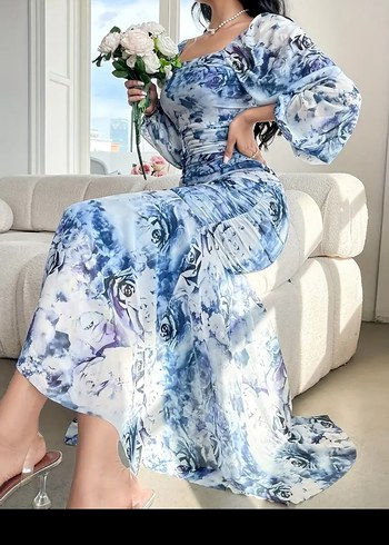 s Beden Mavi Batik Desenli Uzun Bohem Elbise