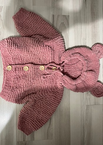 Kız Çocuk Pembe Örgü Kapüşonlu Hırka - Görsel 2