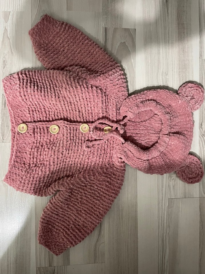 Kız Çocuk Pembe Örgü Kapüşonlu Hırka - Görsel 2