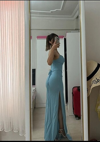 s Beden Bebe mavisi yırtmaçlı uzun elbise