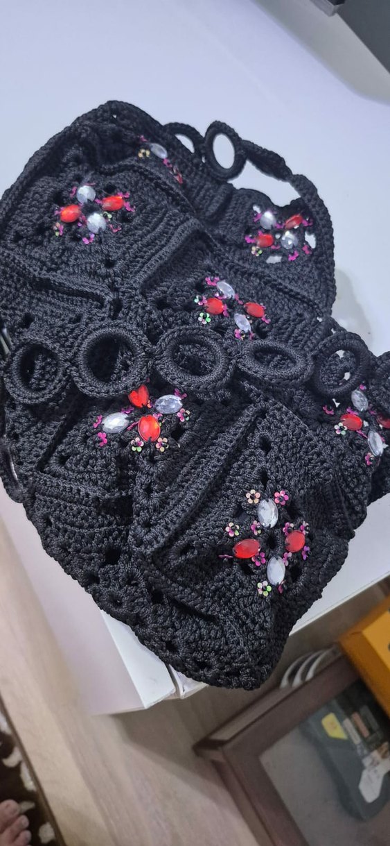 Boncuk İşlemeli Siyah Örgü Bohem Çanta - Görsel 3