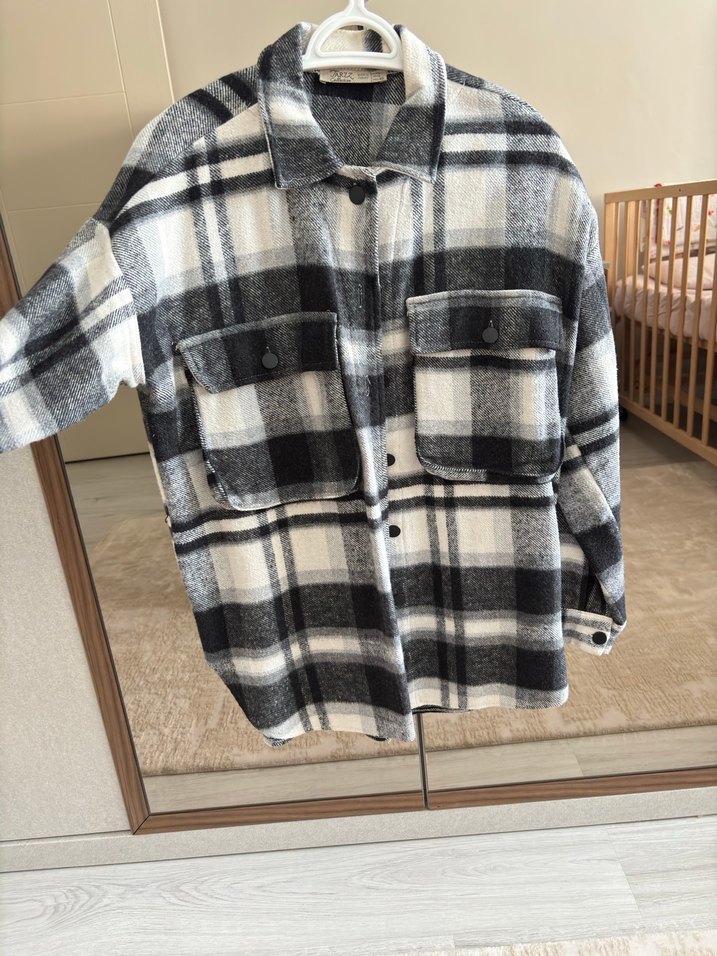 Gri Ekose Düğmeli Kadın Gömlek hırka - Görsel 2