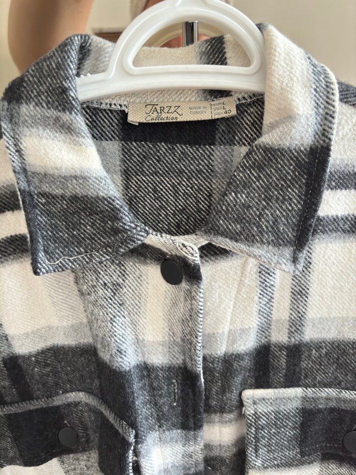 Gri Ekose Düğmeli Kadın Gömlek hırka - Görsel 3