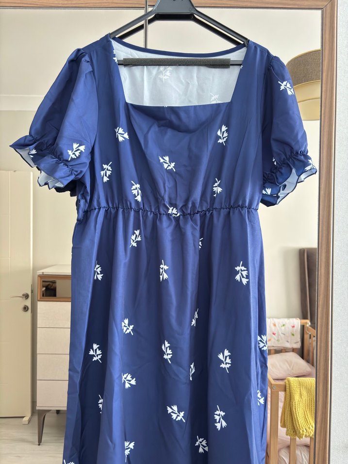 Lacivert Nakışlı Midi Bohem Elbise - Görsel 2