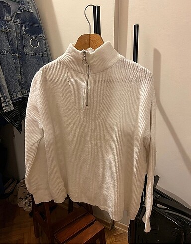Trendyol Fermuarlı Beyaz Kazak Oversize