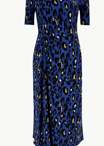 Canlı Saks Mavisi Leopar Desenli Kruvaze Detaylı Midi Elbise - Görsel 2